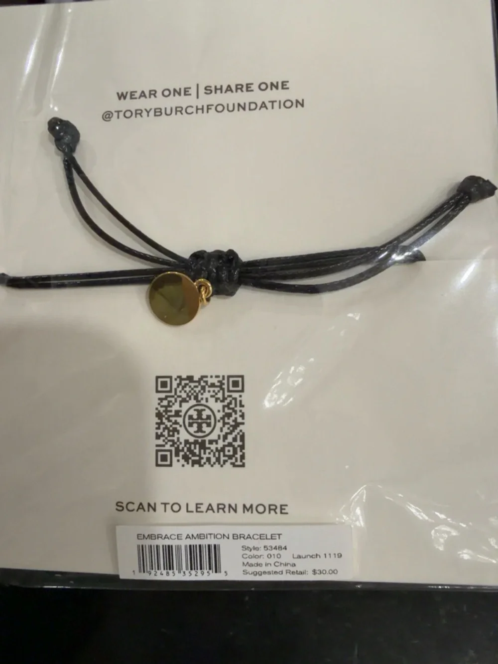 Tory Burch Black Cord Bracelet with Gold Logo Charm